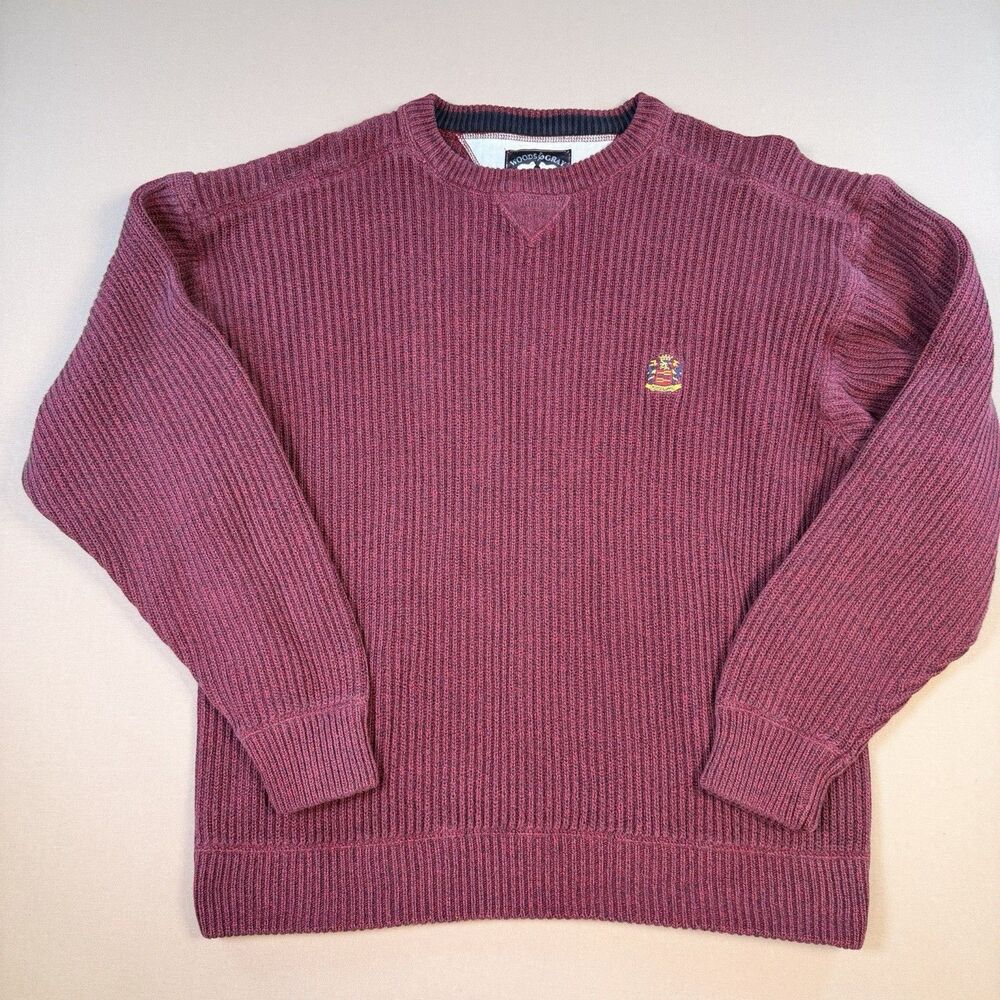 Vintage Woods & Gray Sweater Mens XL Burgundy Ribbed Knit Crest Hong Kong 90s